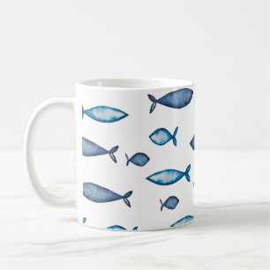Indigo Blue and Teal Watercolor Fishes Coffee Mug