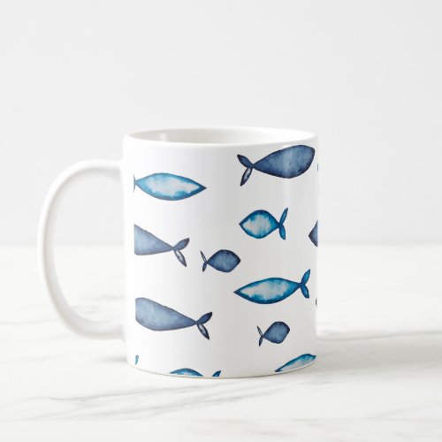 Indigo Blue and Teal Watercolor Fishes Coffee Mug