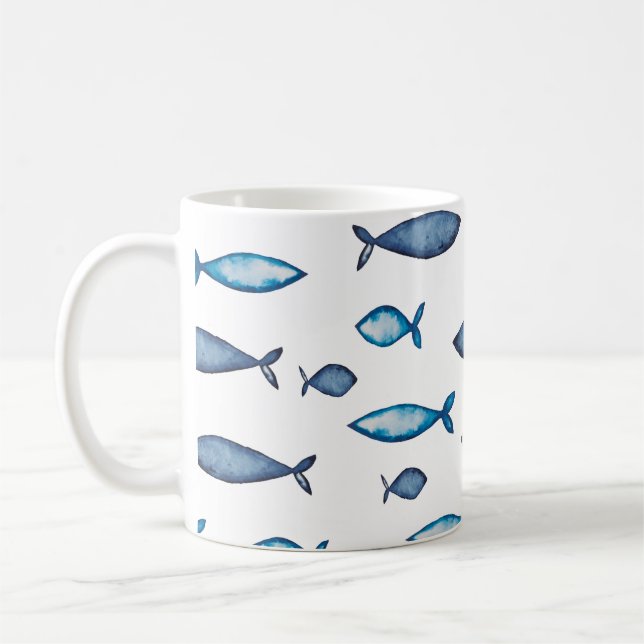 Indigo Blue and Teal Watercolor Fishes Coffee Mug (Left)