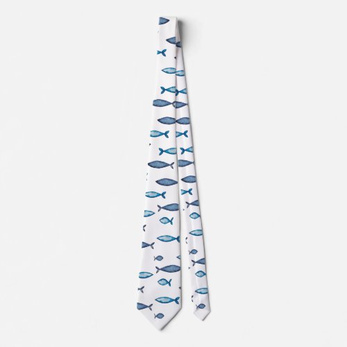 Indigo Blue and Teal Watercolor Fishes Neck Tie