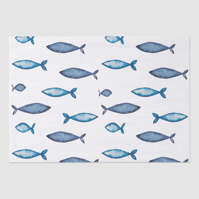 Indigo Blue and Teal Watercolor Fishes Tissue Paper (Front)