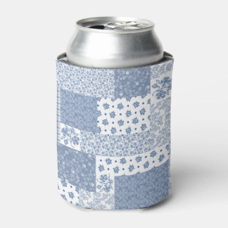 Indigo Blue and White Faux Patchwork Can Cooler