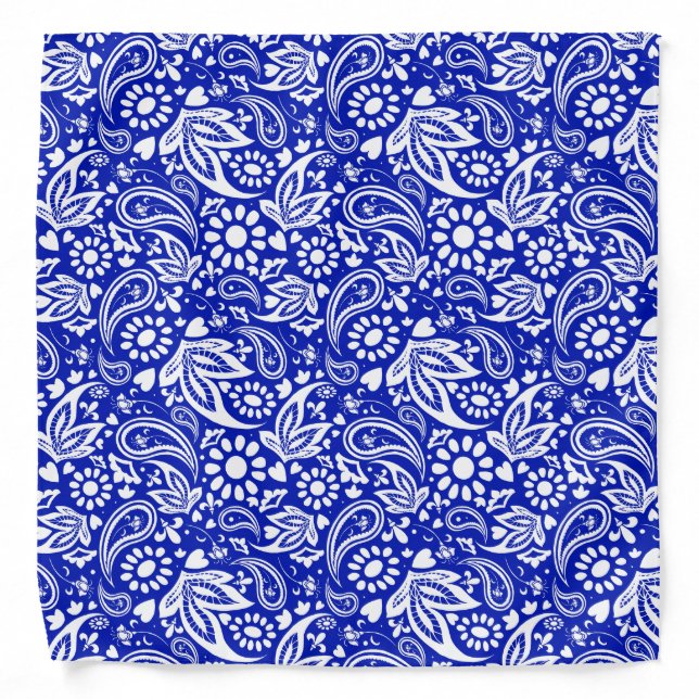 Indigo Blue and White Paisley Pattern Bandana (Front)