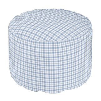 Indigo Blue and White Preppy Check Round Pouf