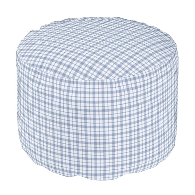 Indigo Blue and White Preppy Check Round Pouf (Angled Front)