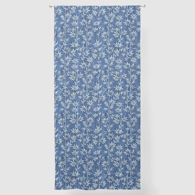 Indigo blue asian japanese floral pattern sheer curtains (Front)