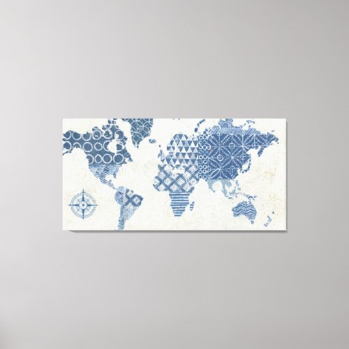 Indigo Blue Batik Map of the World Canvas Print