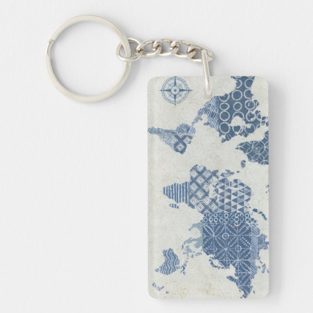 Indigo Blue Batik Map of the World Keychain (Front)