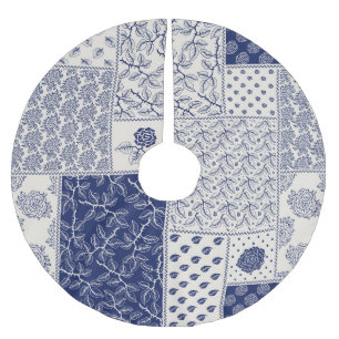 Indigo Blue Beige Floral Patchwork Brushed Polyester Tree Skirt
