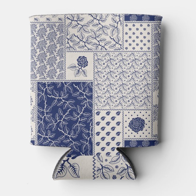 Indigo Blue Beige Floral Patchwork Can Cooler (Front)