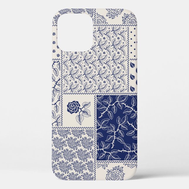 Indigo Blue Beige Floral Patchwork Case-Mate iPhone Case (Back)