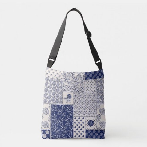 Indigo Blue Beige Floral Patchwork Crossbody Bag