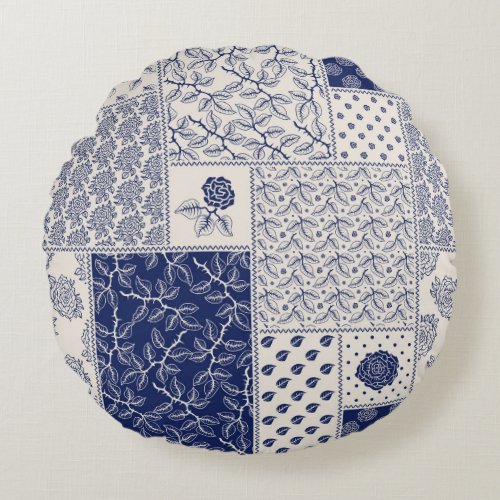 Indigo Blue Beige Floral Patchwork Round Pillow