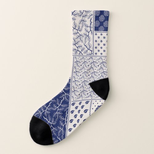 Indigo Blue Beige Floral Patchwork Socks