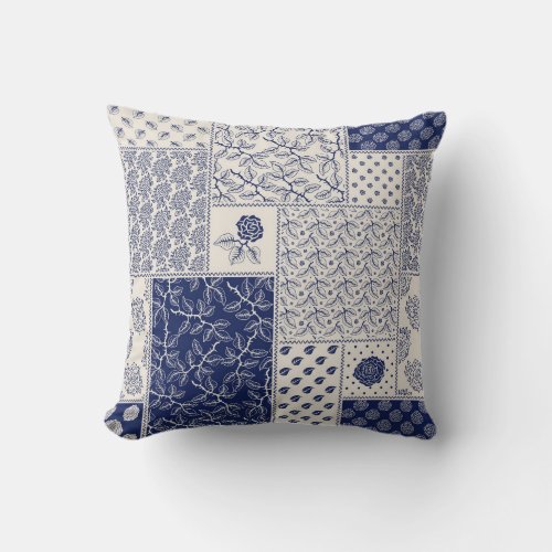 Indigo Blue Beige Floral Patchwork Throw Pillow