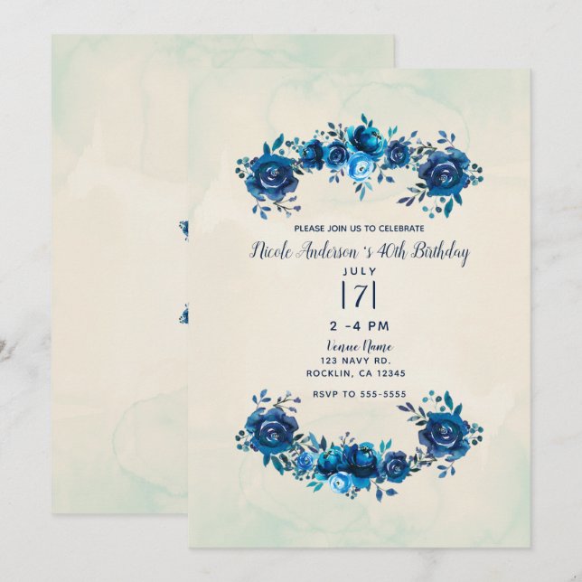 Indigo Blue Beige Watercolor Flowers Birthday Invitation (Front/Back)