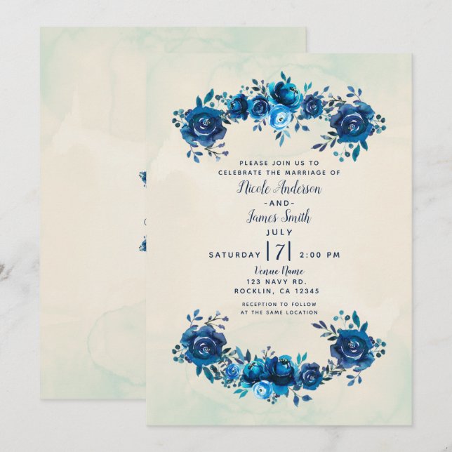 Indigo Blue & Beige Watercolor Flowers Wedding Invitation (Front/Back)