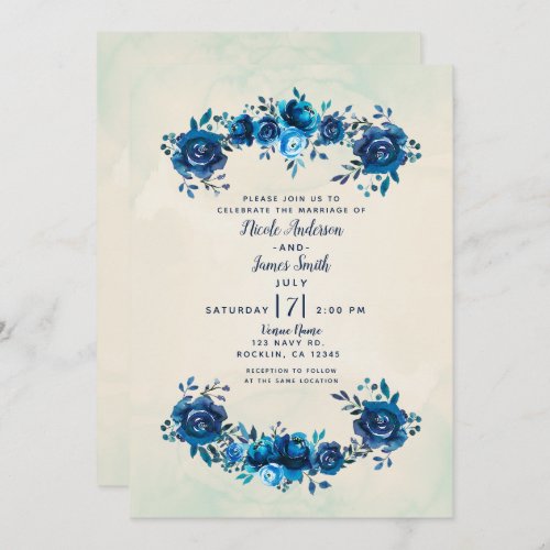 Indigo Blue  Beige Watercolor Flowers Wedding Invitation