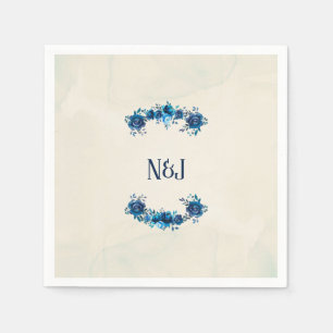 Indigo Blue & Beige Watercolor Vintage Flowers Napkins