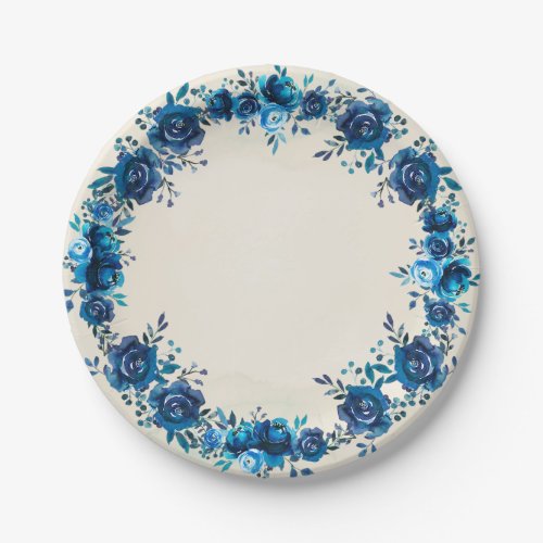 Indigo Blue  Beige Watercolor Vintage Flowers Paper Plates