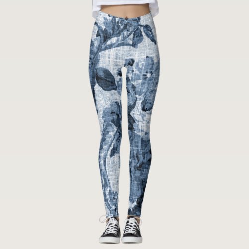 Indigo Blue Black  White Vintage Floral Toile 4 Leggings