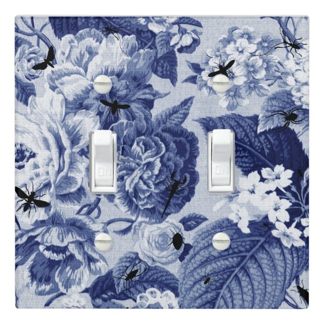 Indigo Blue Botanical Bees & Bugs Floral Toile Light Switch Cover (In Situ)