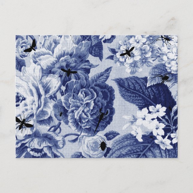 Indigo Blue Botanical & Bees Drawing Floral Toile Postcard (Front)