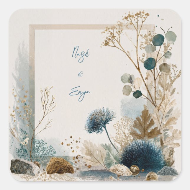 Indigo Blue Botanical Sea Rustic Wedding Square Sticker (Front)