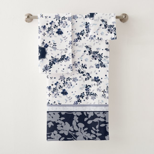 Indigo Blue Clematis Floral design personalized Bath Towel Set (Insitu)