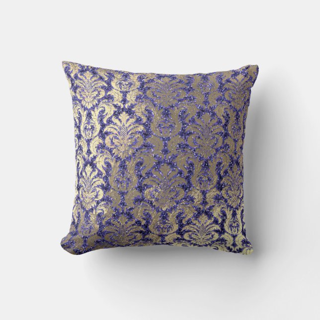 Indigo Blue Cobalt Damask Sepia Velvet Sequin Gold Throw Pillow (Front)