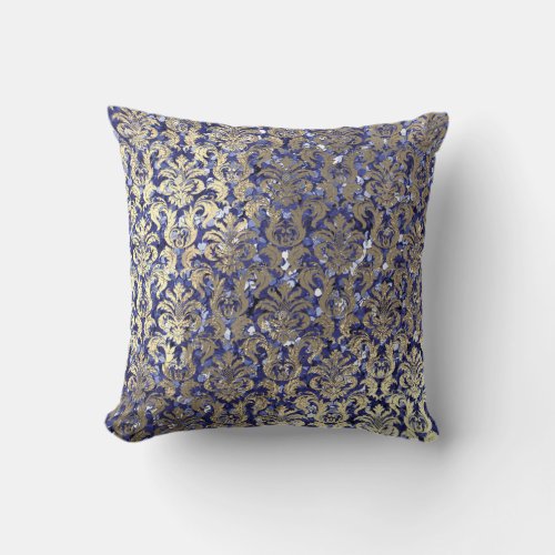 Indigo Blue Cobalt Damask Sequin Champaigne Gold Throw Pillow