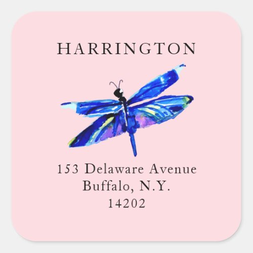 Indigo Blue Dragonfly Pastel Pink Return Address Square Sticker