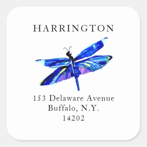 Indigo Blue Dragonfly Watercolor Return Address Square Sticker