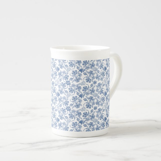 Indigo Blue Ethnic Floral Print Bone China Mug (Front Right)