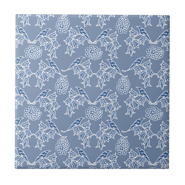 Indigo Blue Ethnic Floral Print Ceramic Tile (Front)
