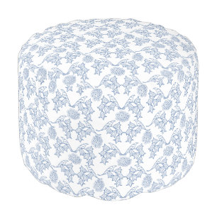 Indigo Blue Ethnic Floral Print Round Pouf