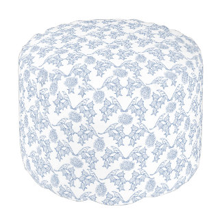 Indigo Blue Ethnic Floral Print Round Pouf