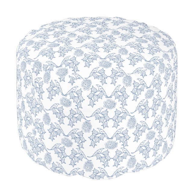 Indigo Blue Ethnic Floral Print Round Pouf (Angled Back)