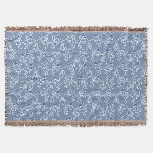 Indigo Blue Ethnic Floral Print Throw Blanket (Front)