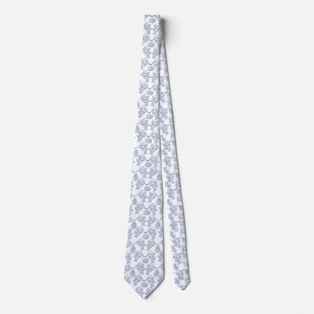 Indigo Blue Ethnic Floral Print Unisex Necktie (Front)