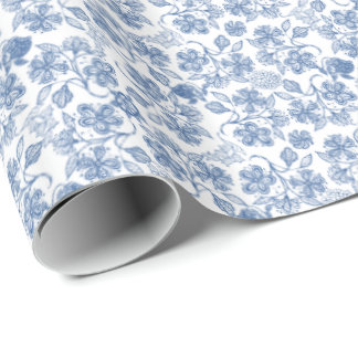 Indigo Blue Ethnic Floral Print Wrapping Paper