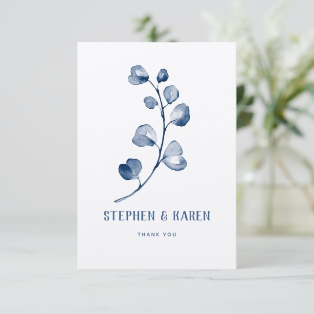 Indigo Blue Eucalyptus Elegant Wedding Thank You C (Standing Front)