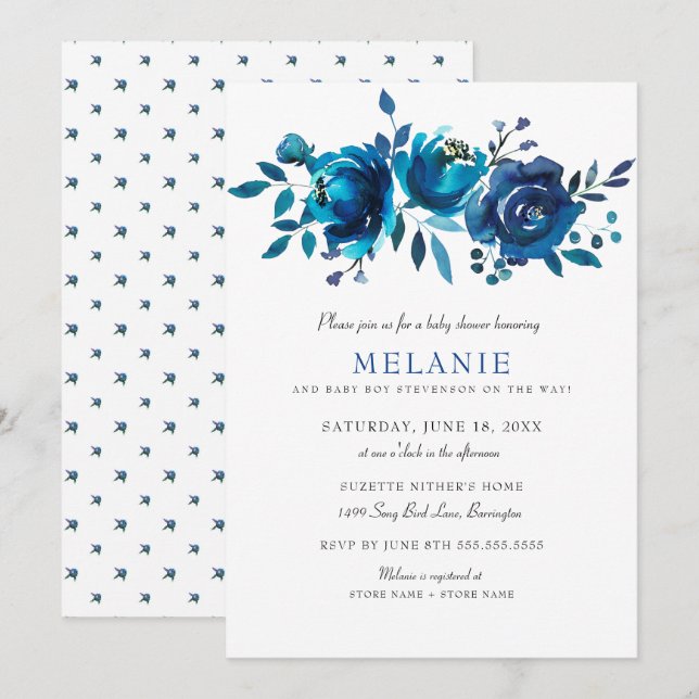 Indigo Blue Floral Baby Shower Invitation (Front/Back)