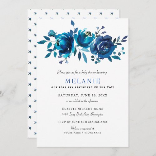 Indigo Blue Floral Baby Shower Invitation