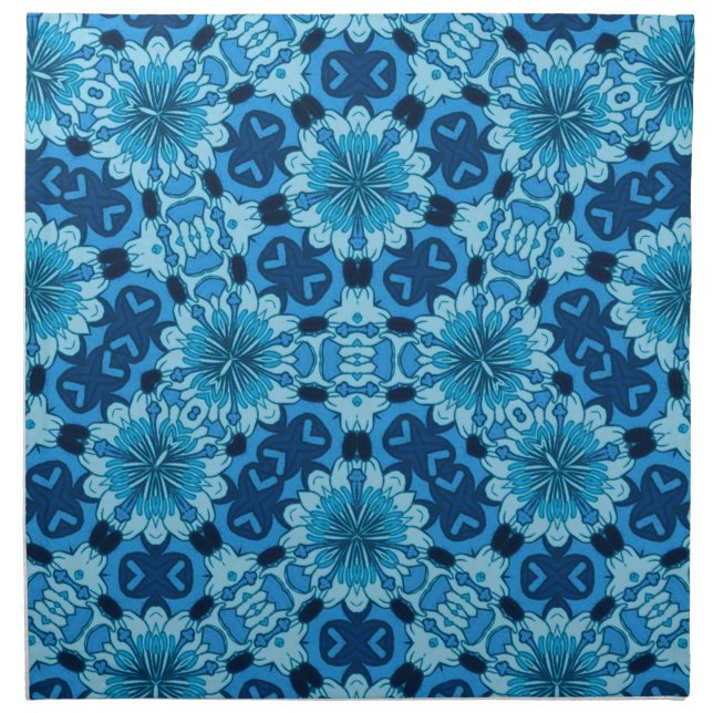 Indigo Blue Floral Chinese Tile Pattern Cloth Napkin (Front)