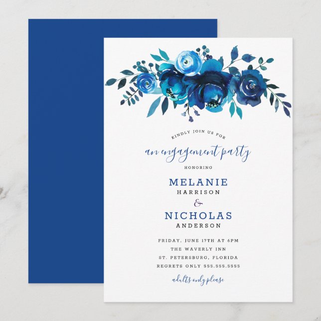 Indigo Blue Floral Drop Engagement Party Invitation (Front/Back)