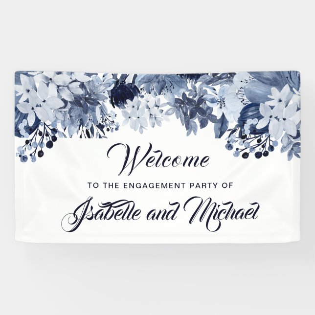 Indigo Blue Floral Engagement Party Welcome Banner (Horizontal)
