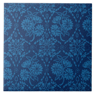 Indigo Blue Floral Faux Lace Pattern Ceramic Tile