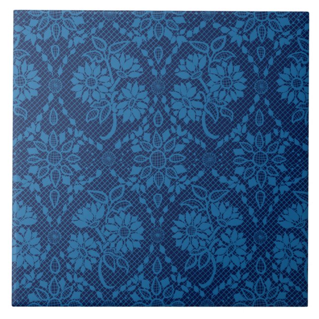 Indigo Blue Floral Faux Lace Pattern Ceramic Tile (Front)