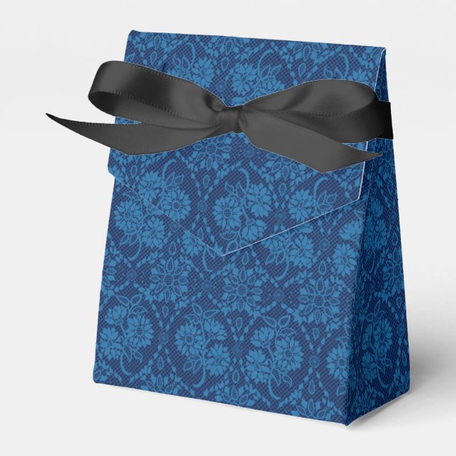Indigo Blue Floral Faux Lace Pattern Favor Boxes (Front Side)